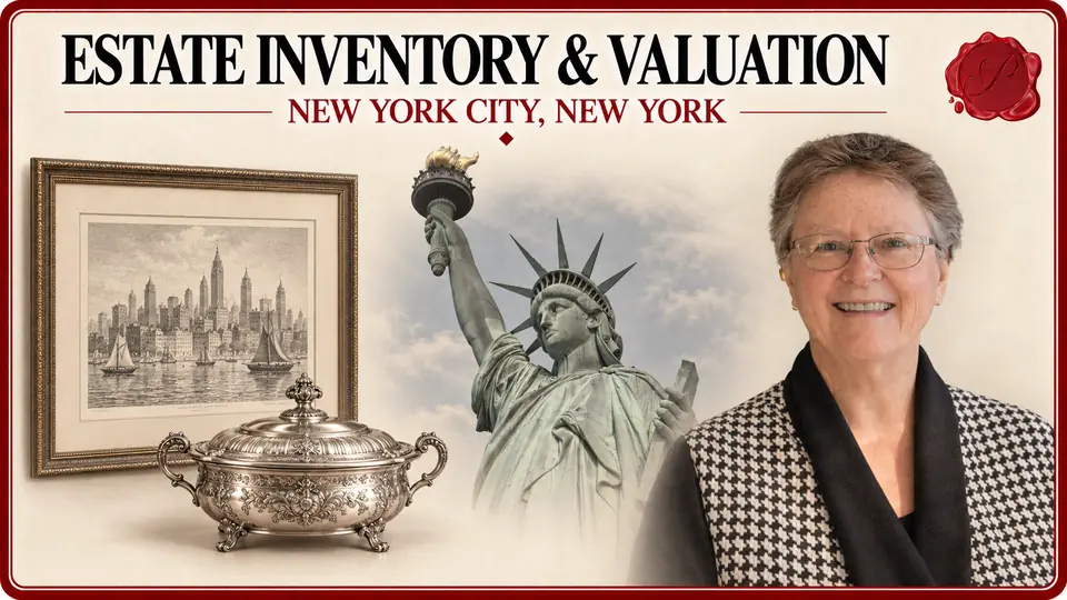Estate inventory & valuation in New York City, New York: framed lithograph and lidded silver serving dish, the Statue of Liberty and an appraiser.