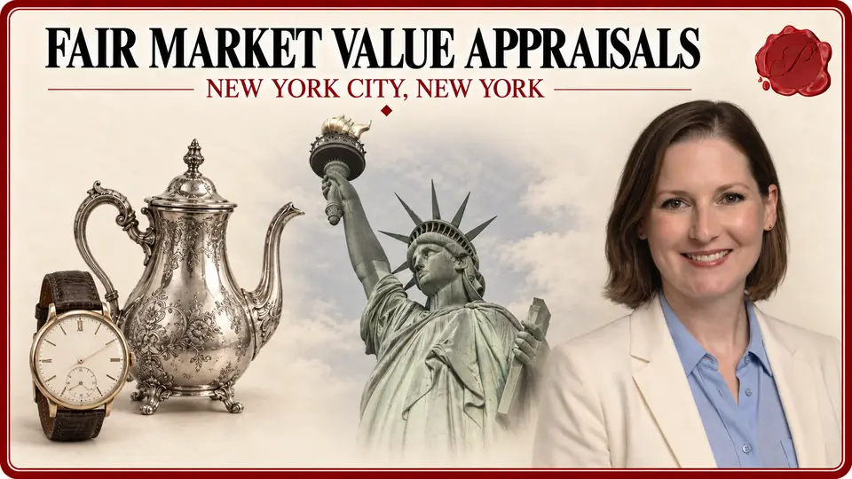 Fair market value appraisals in New York City, New York: vintage wristwatch and silver coffee pot, the Statue of Liberty and an appraiser.