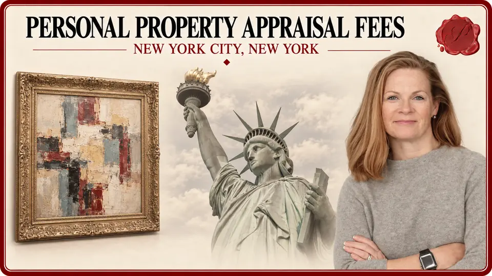 Personal property appraisal fees in New York City, New York: framed abstract painting, the Statue of Liberty and an appraiser.