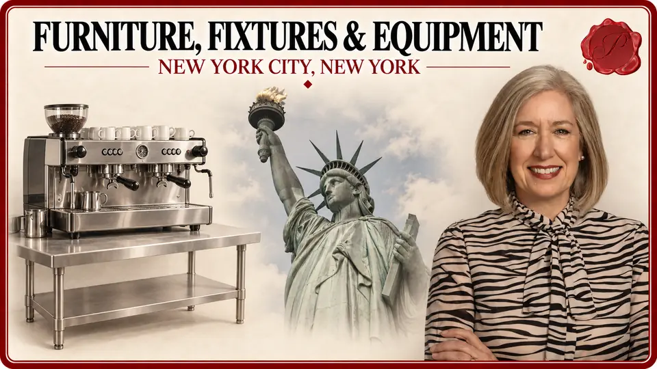 Furniture, fixtures & equipment in New York City, New York: commercial espresso machine and stainless worktable, the Statue of Liberty and an appraiser.