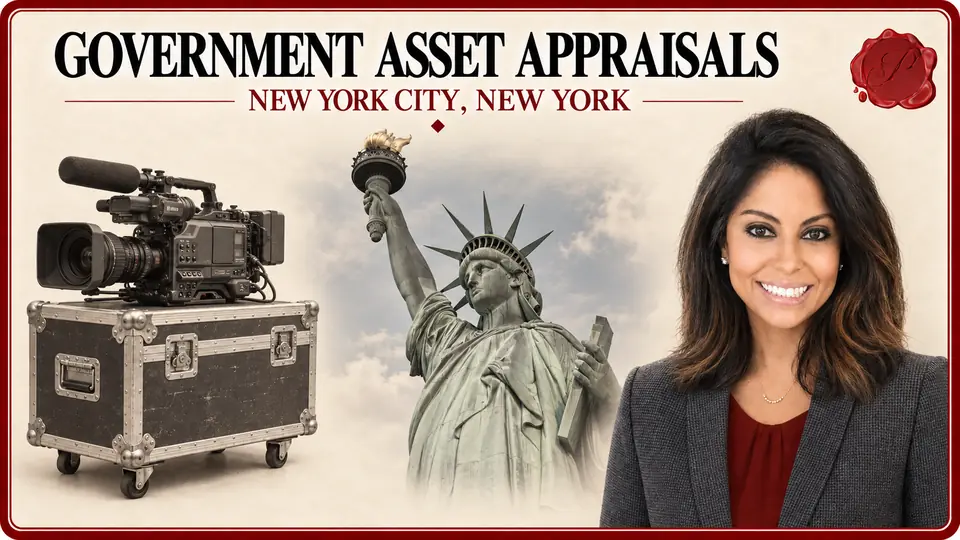 Government asset appraisals in New York City, New York: a broadcast camera and rolling equipment case, the Statue of Liberty and an appraiser.