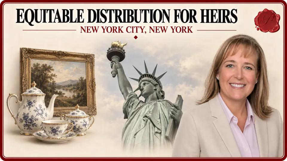 Equitable distribution for heirs in New York City, New York: porcelain tea service and framed landscape painting, the Statue of Liberty and an appraiser.