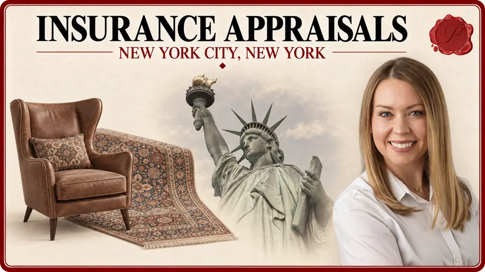 Insurance appraisals in New York City, New York: designer armchair and hand-knotted rug, the Statue of Liberty and an appraiser.