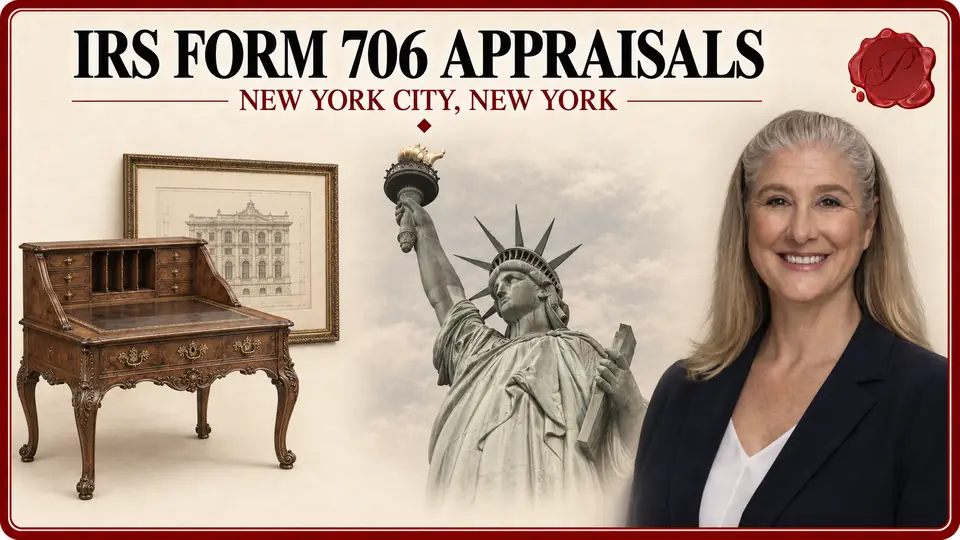 Irs form 706 appraisals in New York City, New York: carved writing desk and framed architectural drawing, the Statue of Liberty and an appraiser.