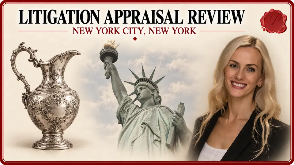 Litigation appraisal review in New York City, New York: antique silver ewer, the Statue of Liberty and an appraiser.