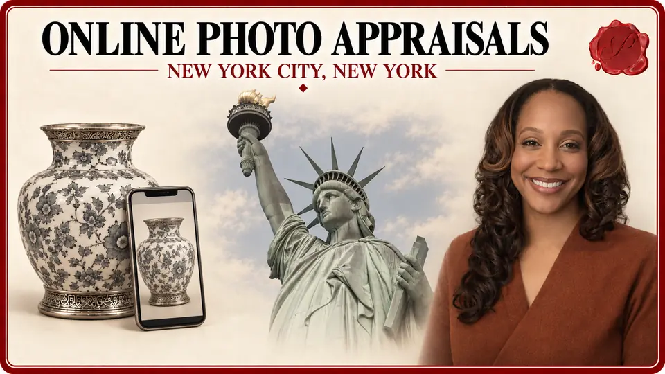 Online photo appraisals in New York City, New York: porcelain vase and smartphone showing the same vase, the Statue of Liberty and an appraiser.