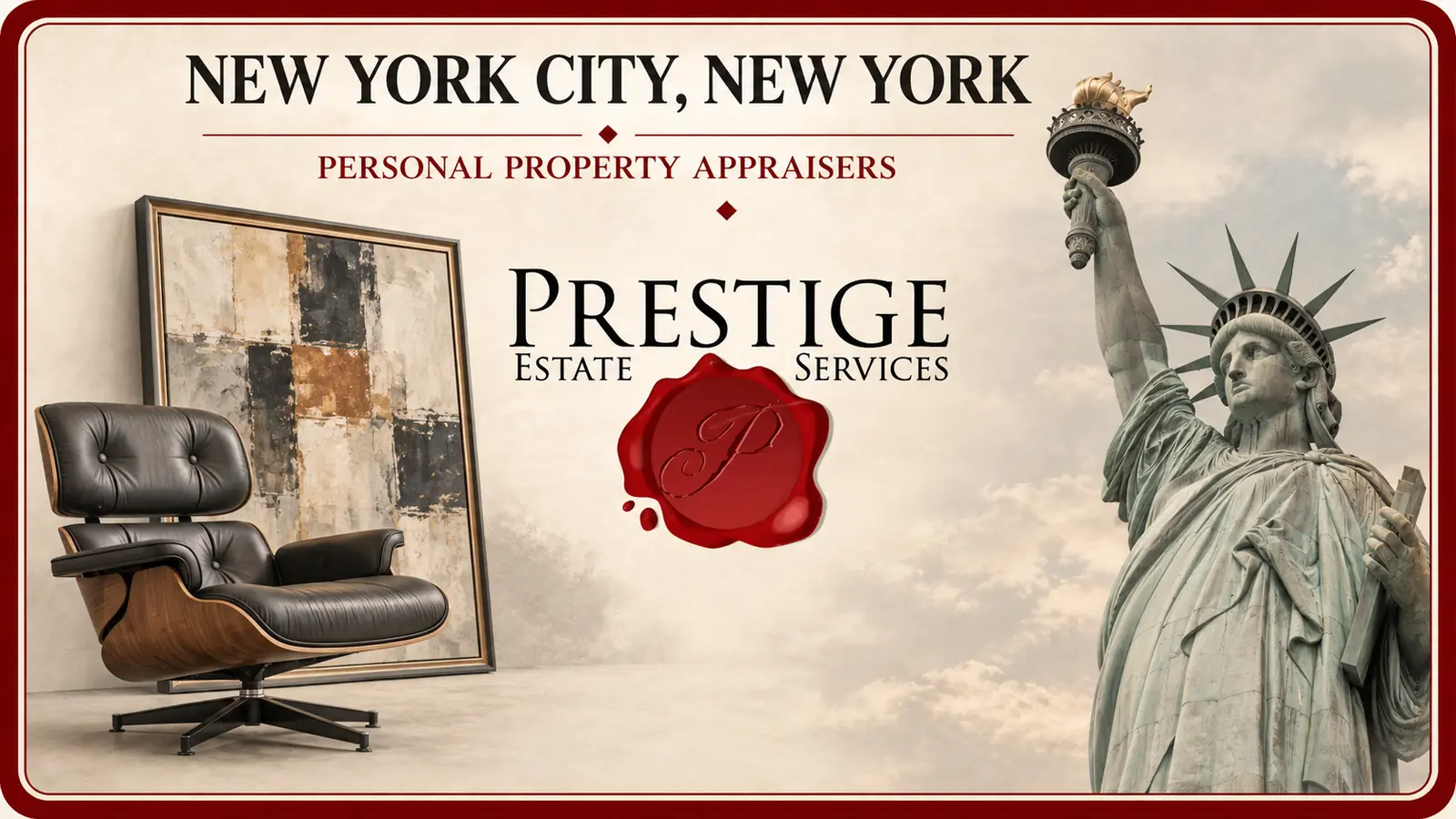 Personal property appraisals in New York City, New York: modern lounge chair and framed abstract painting, the Statue of Liberty.