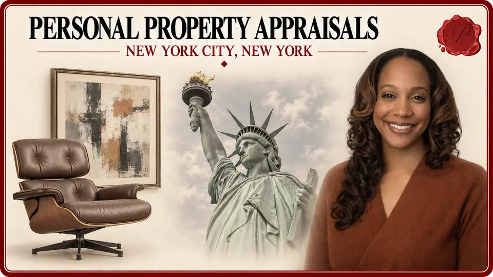 Personal property appraisals in New York City, New York: modern lounge chair and framed abstract painting, the Statue of Liberty and an appraiser.