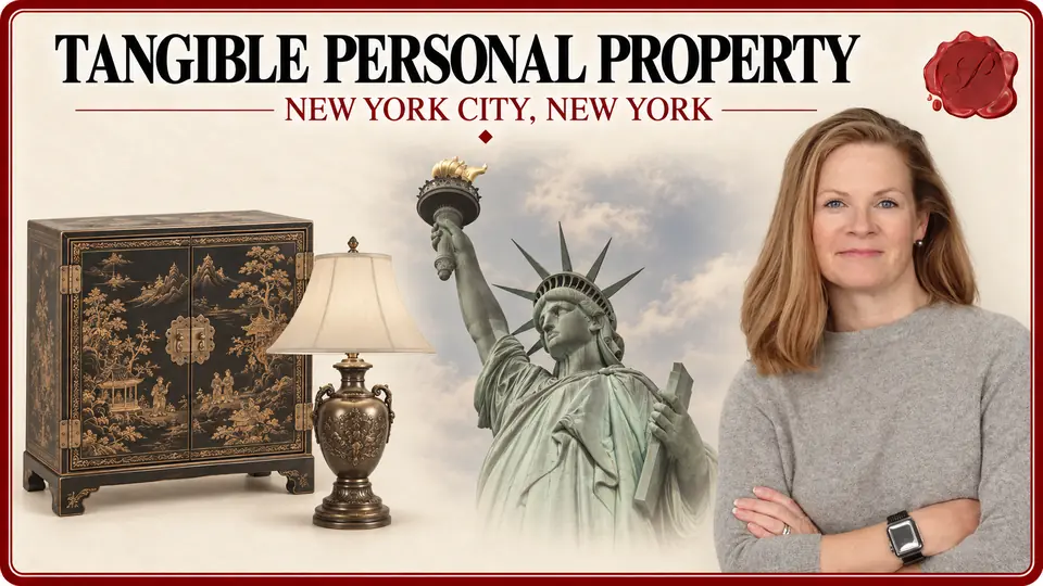 Tangible personal property in New York City, New York: lacquer cabinet and bronze table lamp, the Statue of Liberty and an appraiser.