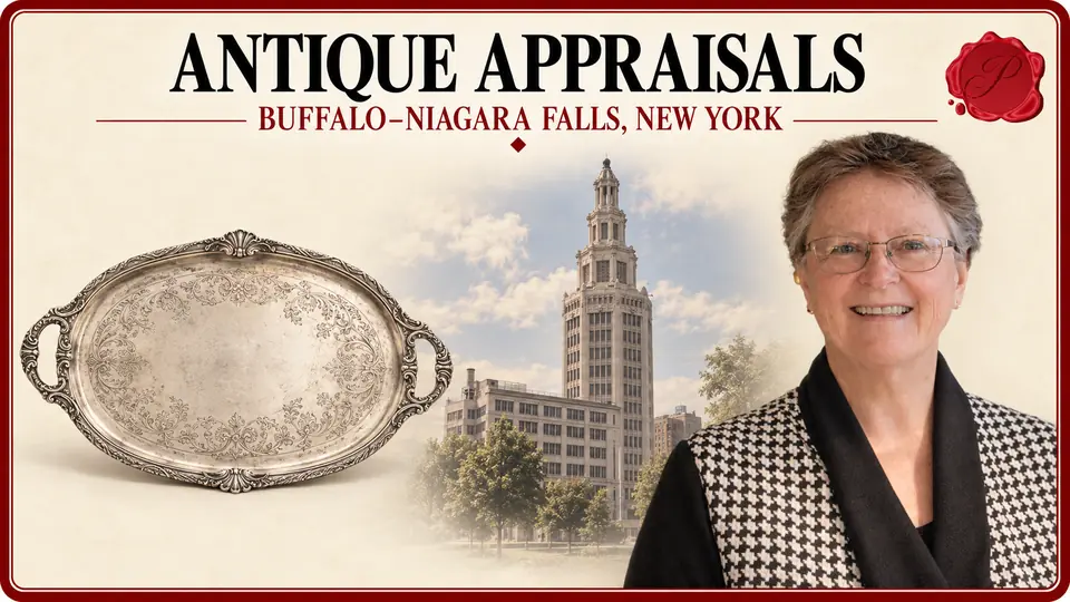 Antique appraisals in Buffalo–Niagara Falls, New York, illustrated by an ornate metal serving tray, an appraiser and Buffalo’s Electric Tower.