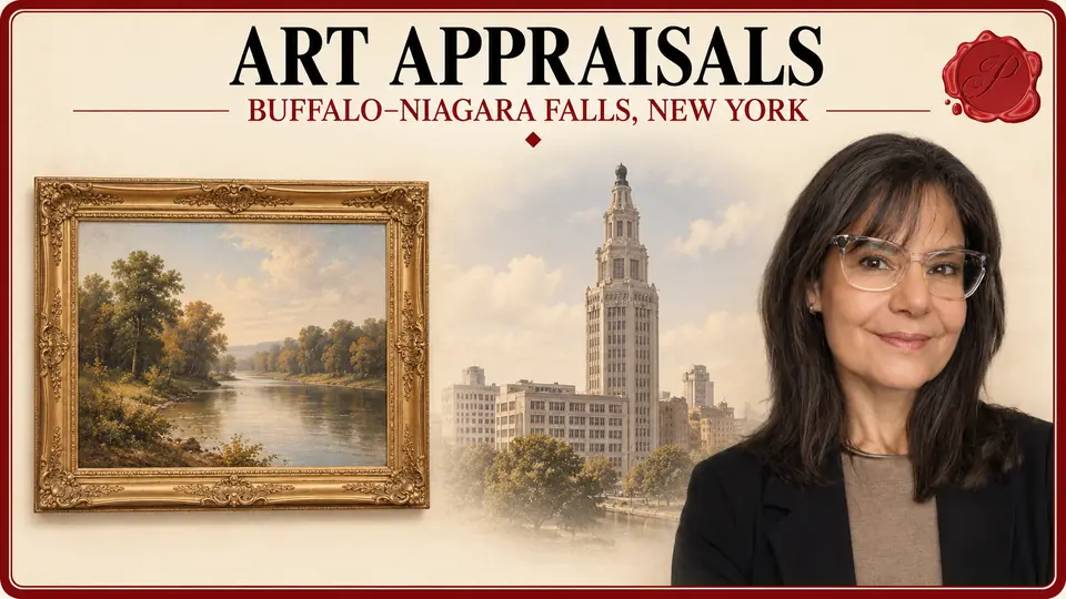 Art appraisals in Buffalo–Niagara Falls, New York, illustrated by a framed river landscape painting, an appraiser and Buffalo’s Electric Tower.
