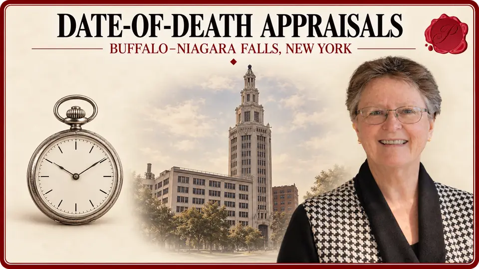 Date-of-death appraisals in Buffalo–Niagara Falls, New York, illustrated by a pocket watch, an appraiser and Buffalo’s Electric Tower.