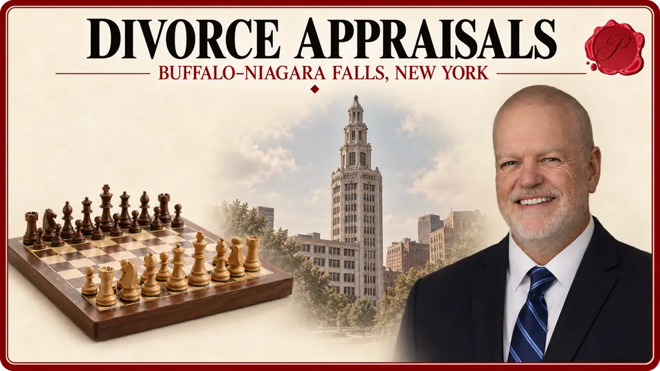 Divorce appraisals in Buffalo–Niagara Falls, New York, illustrated by a wooden chess set, an appraiser and Buffalo’s Electric Tower.