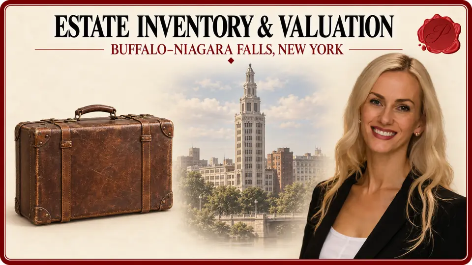Estate inventory & valuation in Buffalo–Niagara Falls, New York, illustrated by a brown suitcase, an appraiser and Buffalo’s Electric Tower.