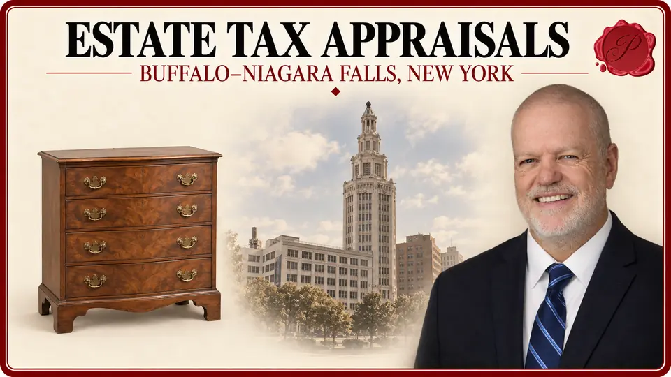 Estate tax appraisals in Buffalo–Niagara Falls, New York, illustrated by a chest of drawers, an appraiser and Buffalo’s Electric Tower.