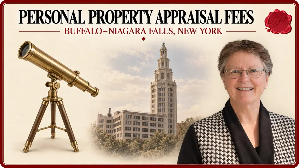 Personal property appraisal fees in Buffalo–Niagara Falls, New York, illustrated by a telescope, an appraiser and Buffalo’s Electric Tower.
