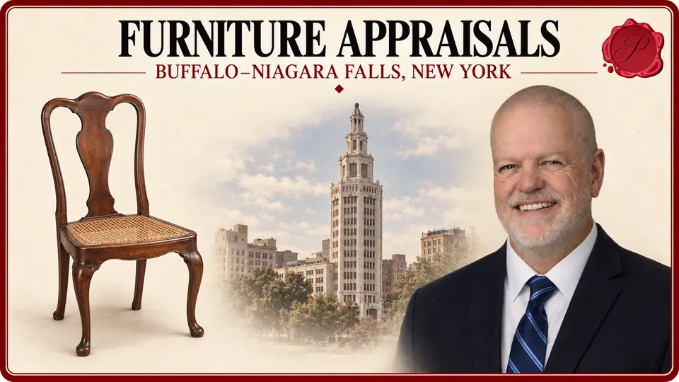 Furniture appraisals in Buffalo–Niagara Falls, New York, illustrated by a wooden side chair, an appraiser and Buffalo’s Electric Tower.