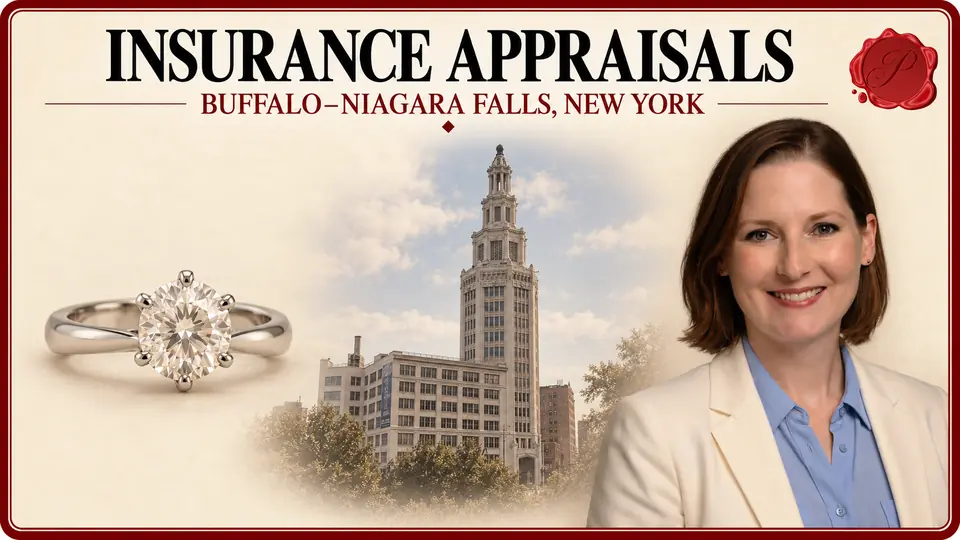 Insurance appraisals in Buffalo–Niagara Falls, New York, illustrated by a ring with a clear stone, an appraiser and Buffalo’s Electric Tower.