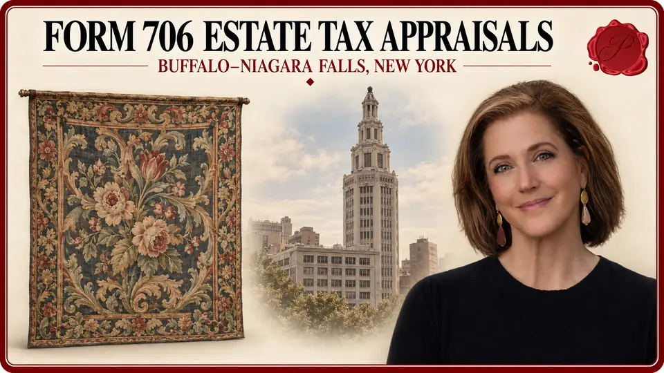 Form 706 estate tax appraisals in Buffalo–Niagara Falls, New York, illustrated by a floral wall tapestry, an appraiser and Buffalo’s Electric Tower.