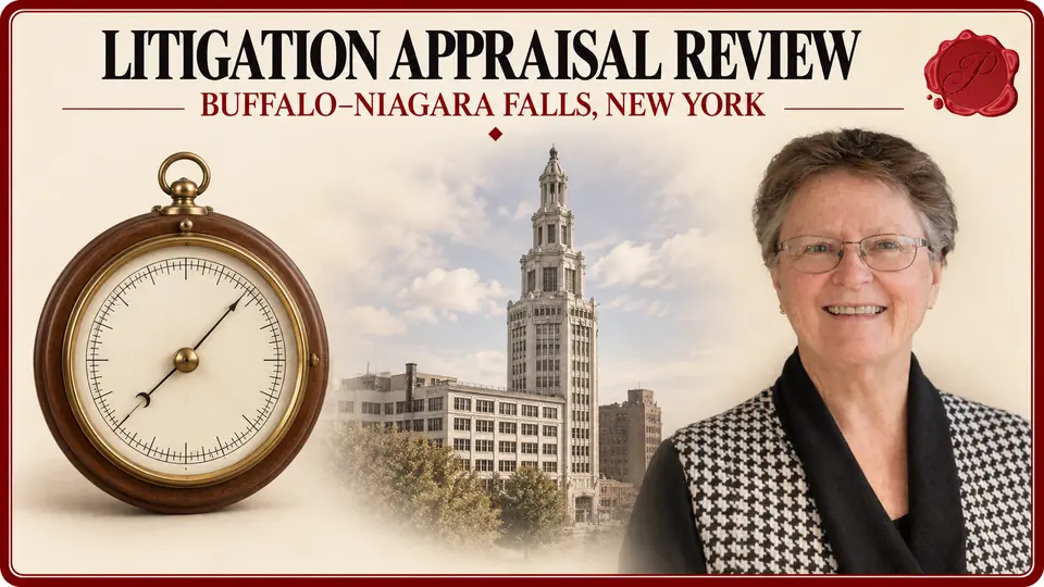 Litigation appraisal review in Buffalo–Niagara Falls, New York, illustrated by a circular barometer, an appraiser and Buffalo’s Electric Tower.