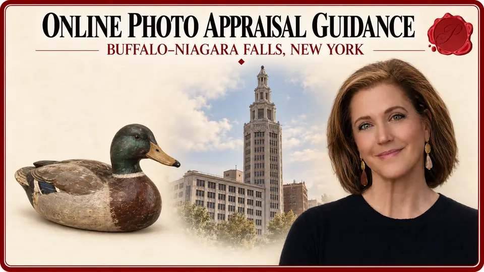 Online photo appraisal guidance in Buffalo–Niagara Falls, New York, illustrated by a wooden duck decoy, an appraiser and Buffalo’s Electric Tower.