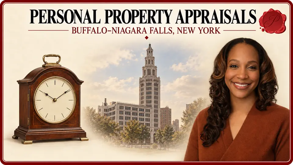 Personal property appraisals in Buffalo–Niagara Falls, New York, illustrated by a wood-cased mantel clock, an appraiser and Buffalo’s Electric Tower.