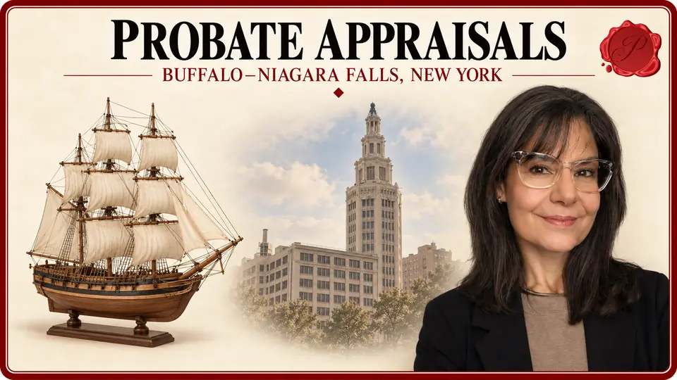 Probate appraisals in Buffalo–Niagara Falls, New York, illustrated by a wooden sailing-ship model, an appraiser and Buffalo’s Electric Tower.