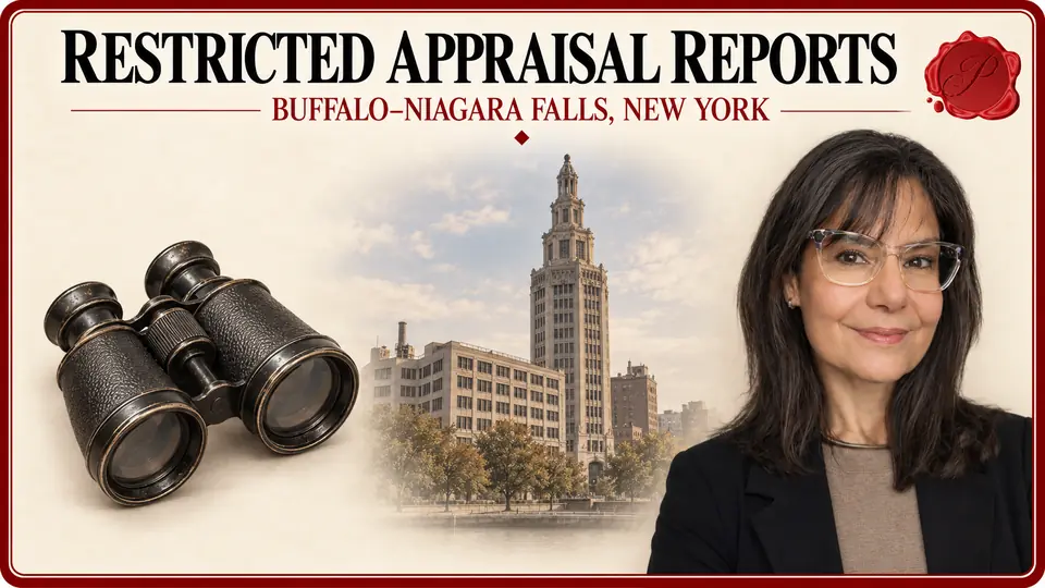 Restricted appraisal reports in Buffalo–Niagara Falls, New York, illustrated by a pair of binoculars, an appraiser and Buffalo’s Electric Tower.