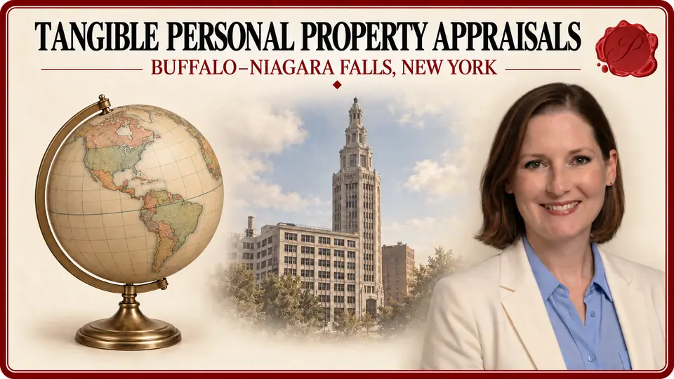 Tangible personal property appraisals in Buffalo–Niagara Falls, New York, illustrated by a globe, an appraiser and Buffalo’s Electric Tower.
