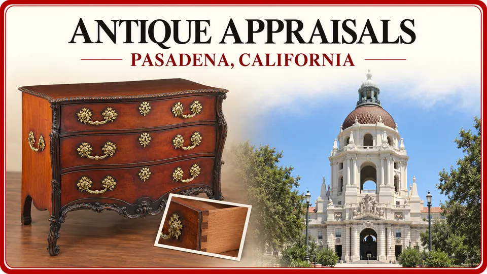 Antique appraisals in Pasadena, California, illustrated by a wooden commode and a photograph of its decorative detail with City Hall.