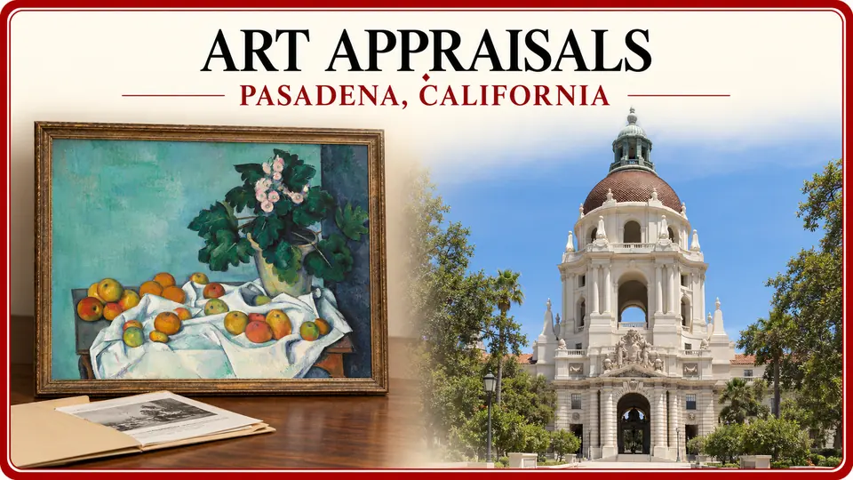 Art appraisals in Pasadena, California, illustrated by a framed still-life painting of apples and primroses and a reference print with City Hall.