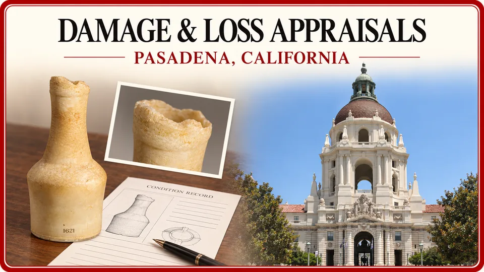 Damage and loss appraisals in Pasadena, California, illustrated by a worn flask, condition photograph and inspection record with City Hall.