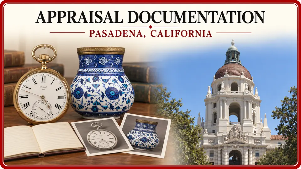 Personal property appraisal documentation in Pasadena, California, illustrated by a pocket watch, ceramic vase, notebook and object photographs with City Hall.