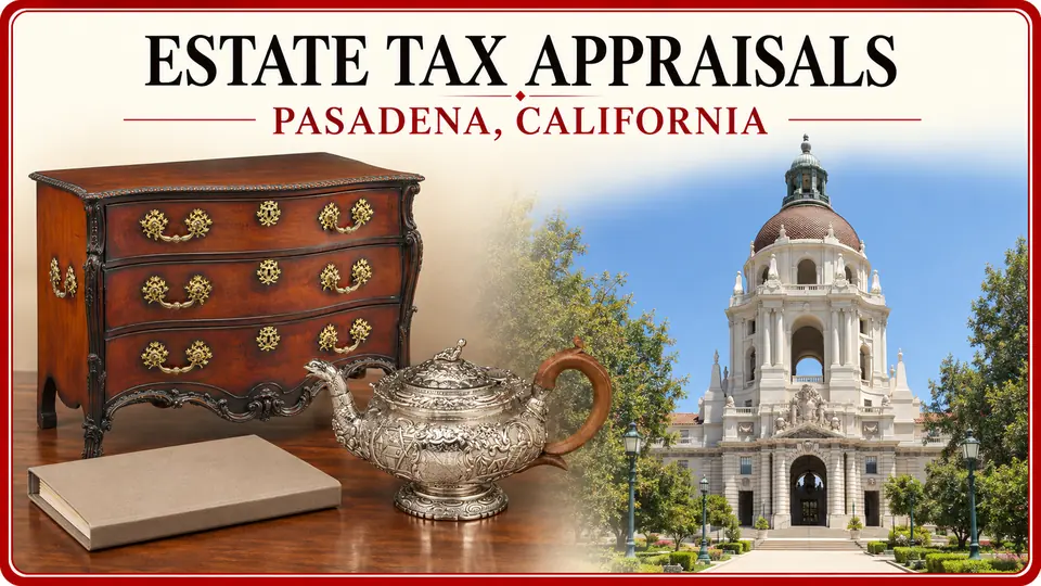 Estate tax personal property appraisals in Pasadena, California, illustrated by a wooden commode, ornate teapot and inventory folder with City Hall.