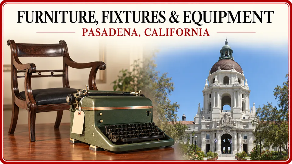 Furniture, fixtures and equipment appraisals in Pasadena, California, illustrated by a wooden armchair and freestanding green typewriter with City Hall.