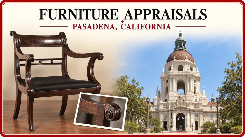 Furniture appraisals in Pasadena, California, illustrated by a wooden armchair and a close-up photograph of its construction with City Hall.