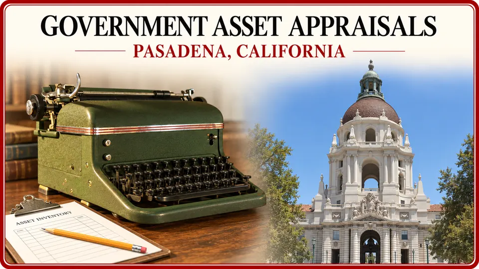 Government personal property appraisals in Pasadena, California, illustrated by a green typewriter and asset inventory clipboard with City Hall.
