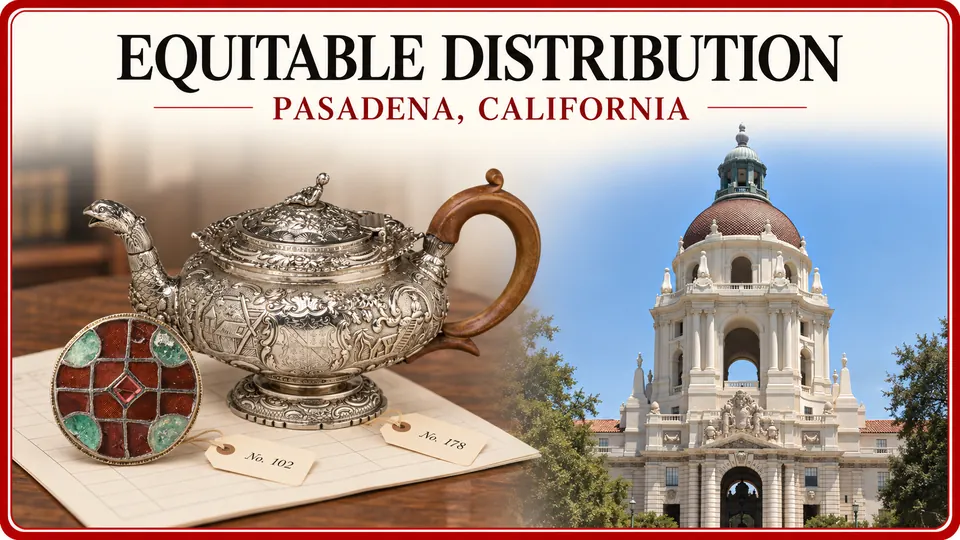 Equitable distribution appraisals in Pasadena, California, illustrated by a round brooch, ornate teapot and numbered inventory tags with City Hall.