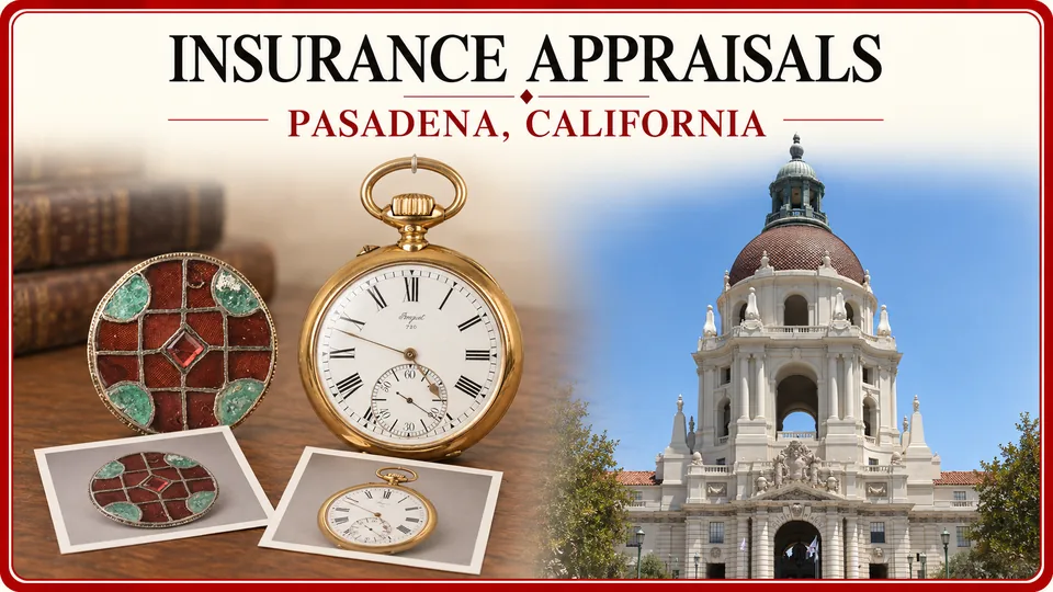 Insurance personal property appraisals in Pasadena, California, illustrated by a round brooch, pocket watch and identification photographs with City Hall.