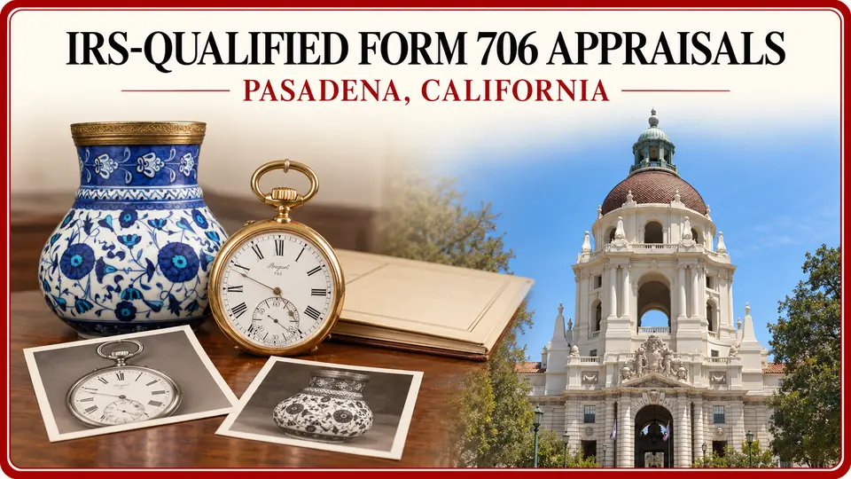 IRS-qualified Form 706 personal property appraisals in Pasadena, California, illustrated by a pocket watch, ceramic vase and object photographs with City Hall.