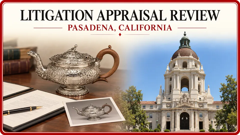 Litigation appraisal review in Pasadena, California, illustrated by an ornate teapot, report notebook and object photograph with City Hall.