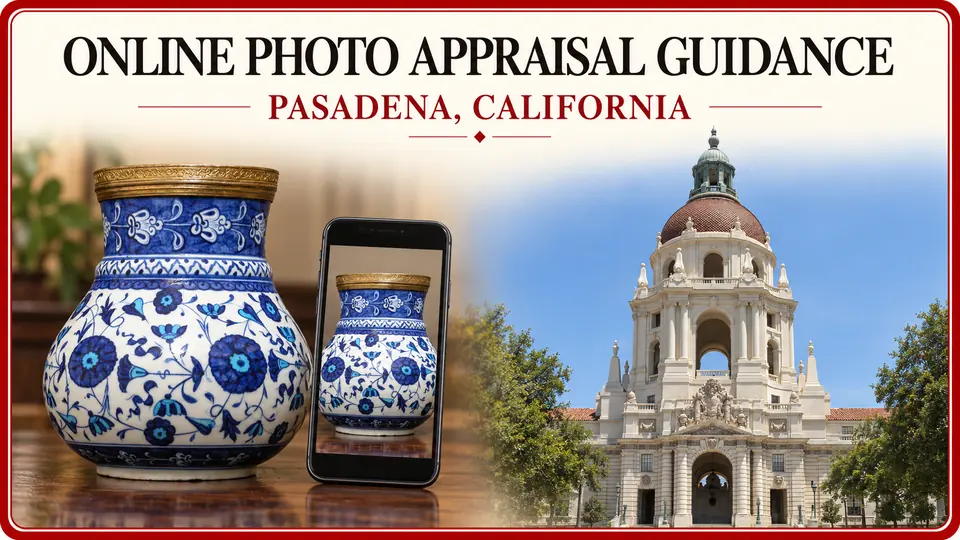 Online photo appraisal guidance in Pasadena, California, illustrated by a blue-and-white ceramic vase and its image on a smartphone with City Hall.
