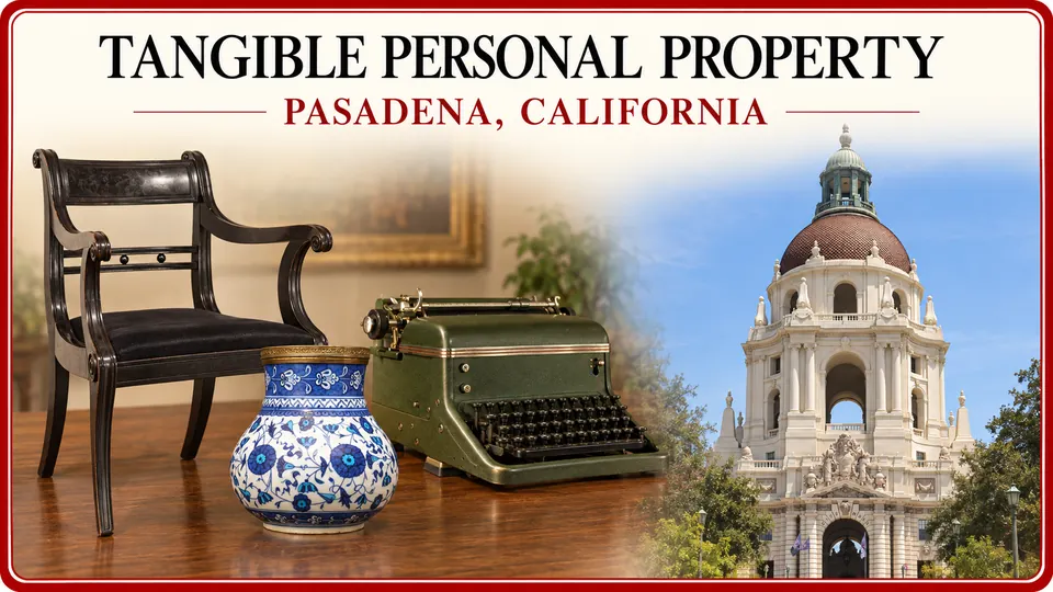 Tangible personal property appraisals in Pasadena, California, illustrated by a wooden armchair, ceramic vase and green typewriter with City Hall.