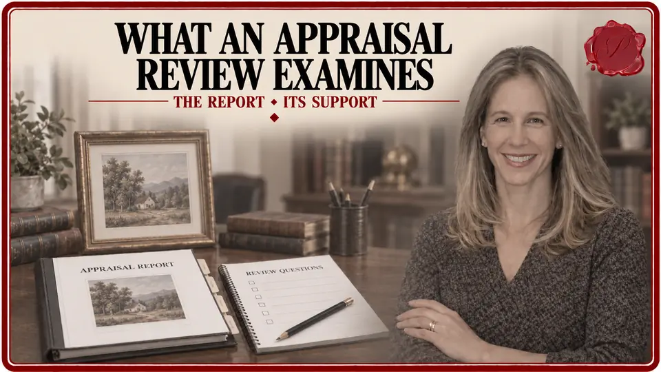 Appraiser beside an appraisal report, review questions and framed print illustrating personal property appraisal review.