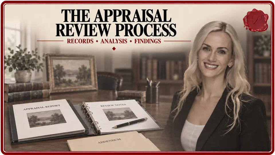 Appraiser beside an appraisal report, addendum and review notes for the personal property appraisal review process.