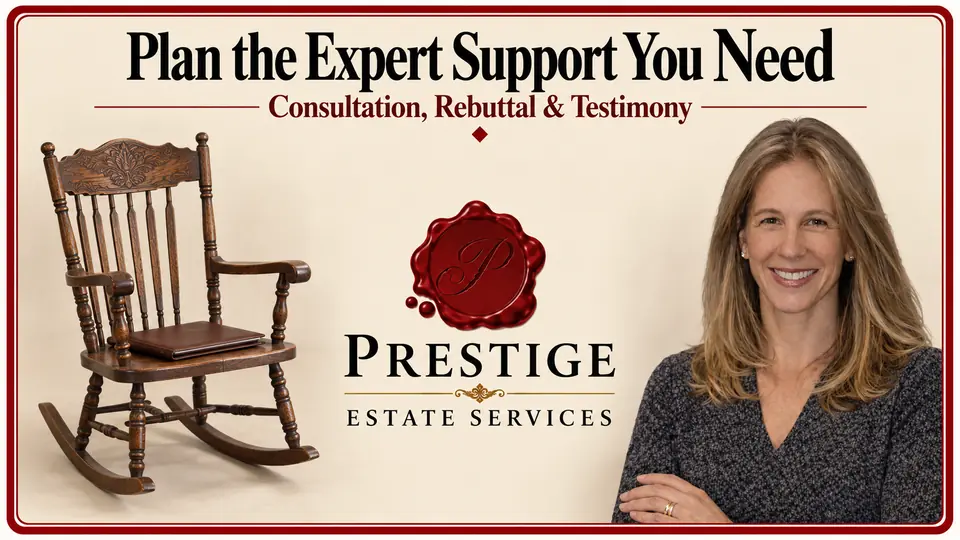 Wooden rocking chair, closed folio and appraiser beside Prestige branding for expert support.