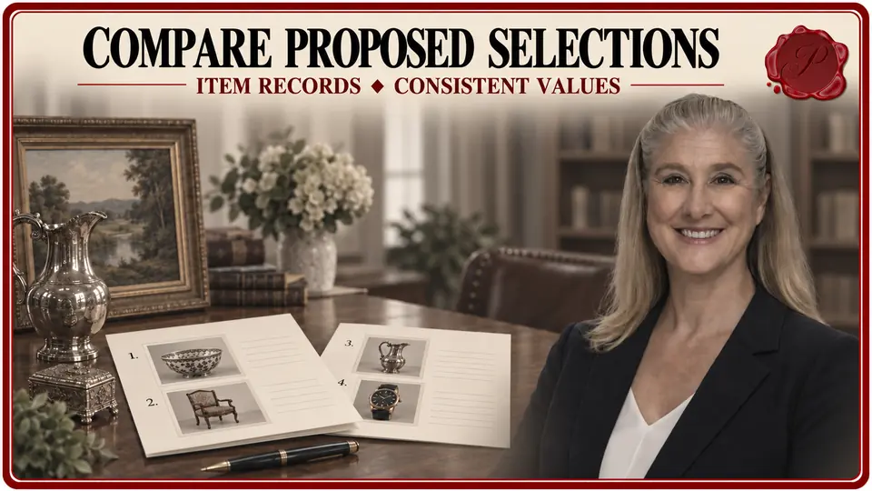 Appraiser beside selection sheets, framed art and a silver pitcher for comparing personal property distribution options.