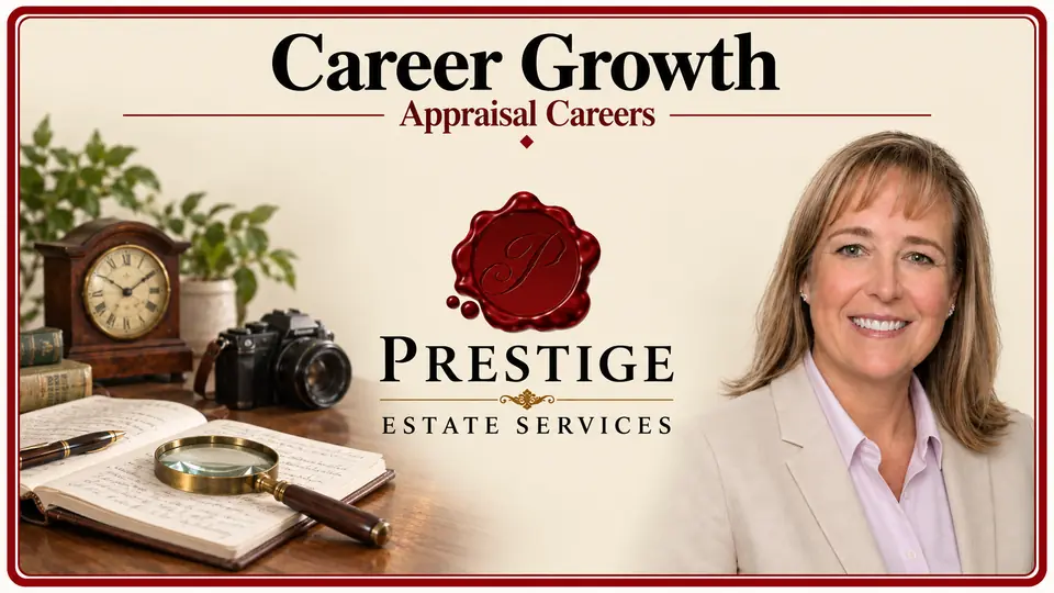 An appraisal colleague beside a mantel clock, camera, research notebook and magnifier.