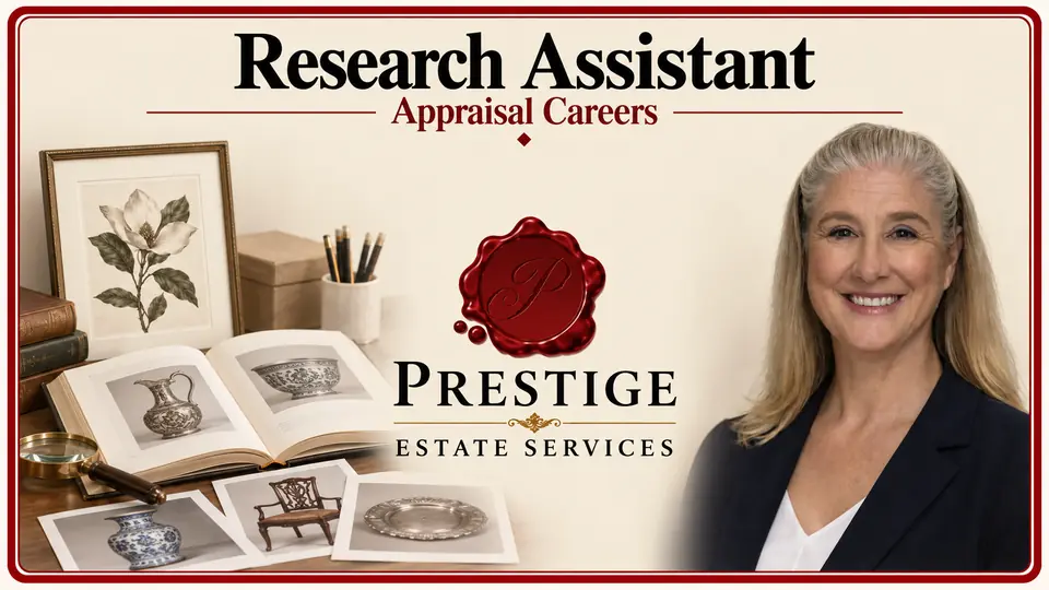 A Prestige colleague beside a botanical print, reference book and photographs of antiques.