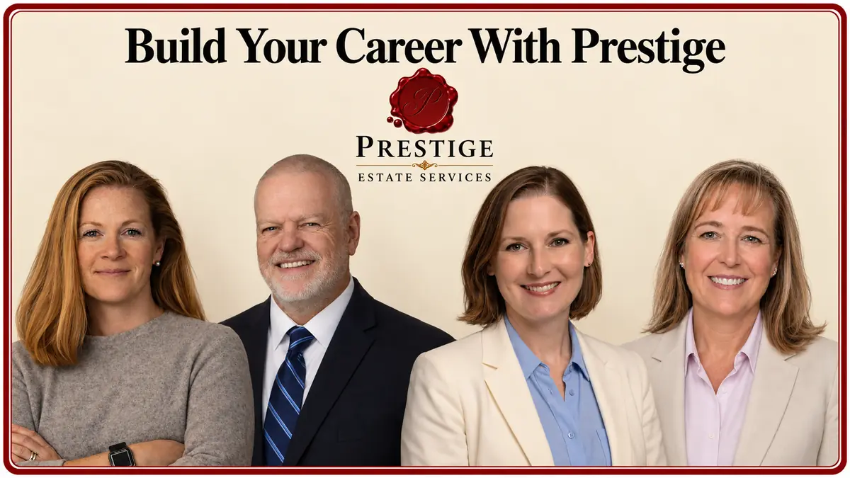 A portrait composite of four Prestige appraisal colleagues beneath the company logo.
